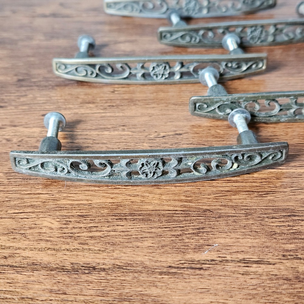 Vintage Filigree Drawer Pulls Set 5 Ornate Floral Metal Cabinet Handles Brass 3"